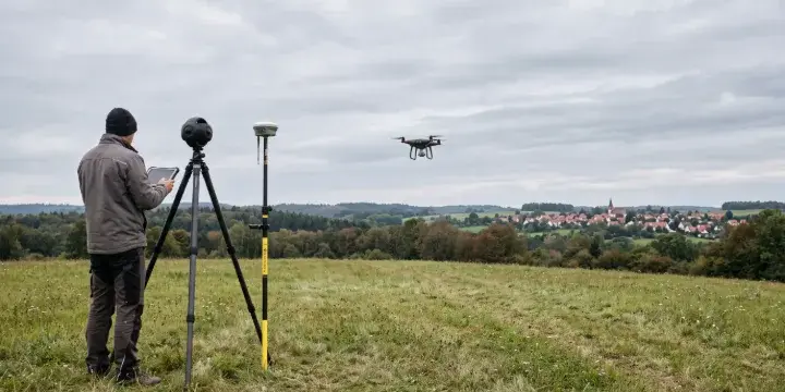 Feldaufnahme mit 360°-Kamera auf Stativ, GPS-Rover und Drohne über dem Standort