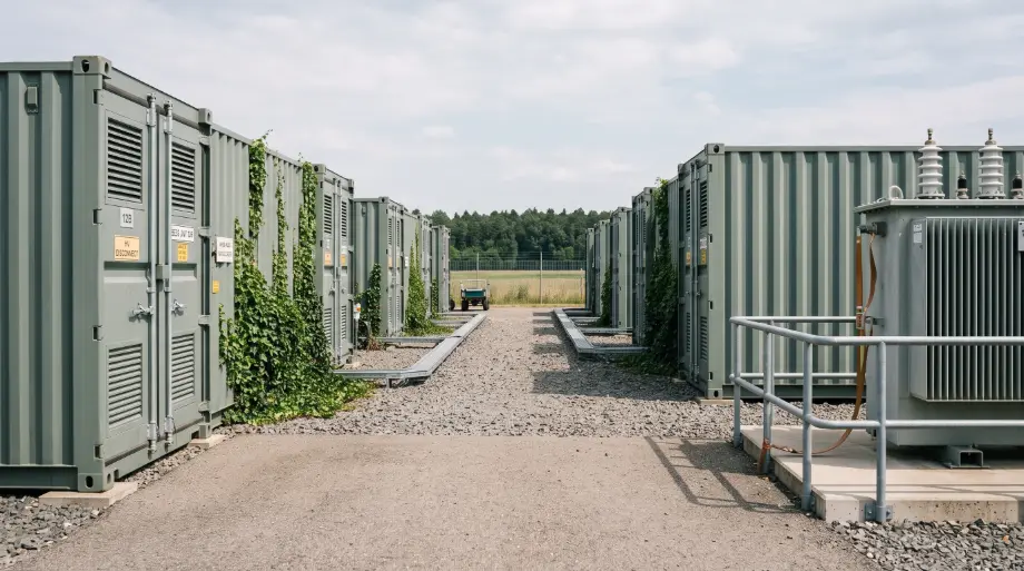 Batteriespeicher-Container auf Kiesfläche mit Trafostation und Erdung