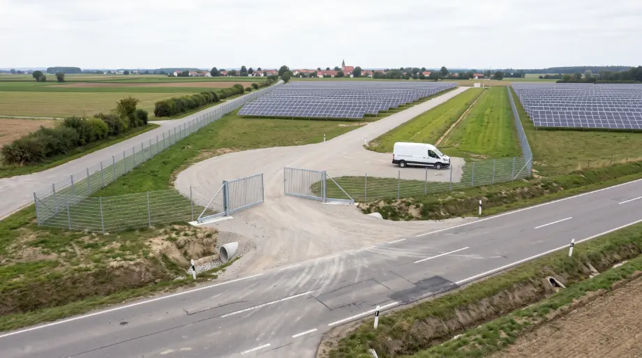 Zufahrt, Tor und Kabeltrasse eines Solarparks, angebunden an das bestehende Straßennetz