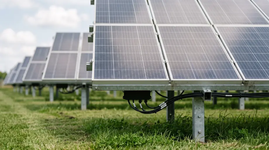 Nahaufnahme von Solarmodulen: Zellraster, Busbars, Klemmen und Kabelführung