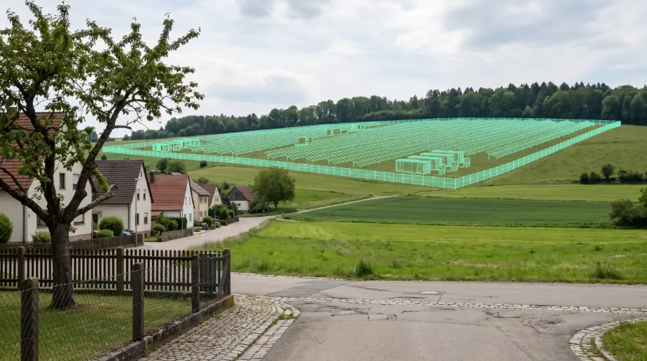 Wireframe-Sichtbarkeitsnachweis: der geplante Park als transparentes Gittermodell hinter dem Gelände, vom Ortsrand aus