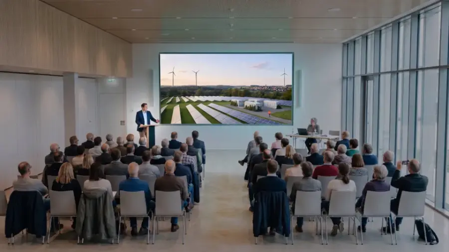 Bürgerversammlung: Anwohner betrachten einen 360°-Rundgang des geplanten Energieparks auf der Leinwand