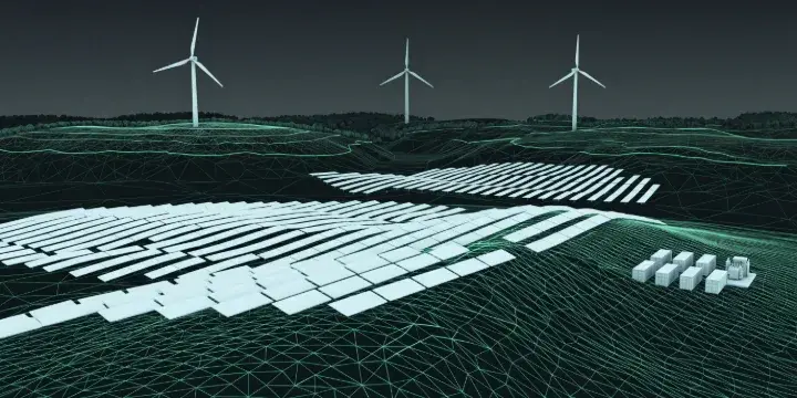 Energiepark-Modell · Turbinen, Solarmodule und Speicher im Masterplan