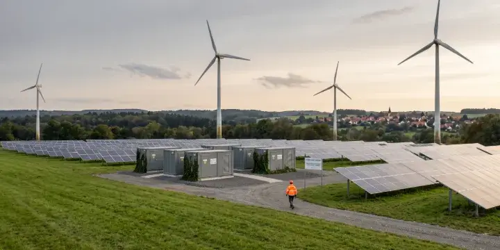 Fertiger Hybrid-Energiepark mit Windturbinen, Solarmodulen und Batteriespeichern bei Abenddämmerung