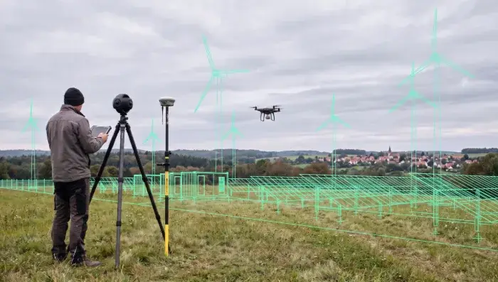 Vermesser mit GPS-Rover und 360°-Kamera, überlagert mit georeferenziertem Wireframe-Modell des Energieparks