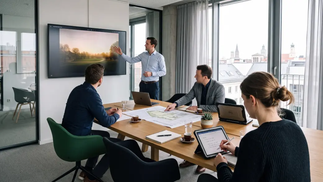 Team in einer Investorenpräsentation betrachtet einen 360°-Rundgang des geplanten Energieparks auf dem Bildschirm